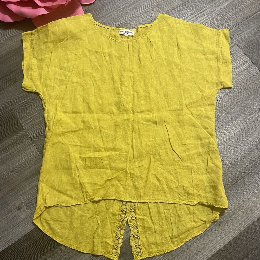 TERZO MILLENIO 100% Linen Top Sz L Boxy Chartreuse Lagenlook Crochet Cottagecore
